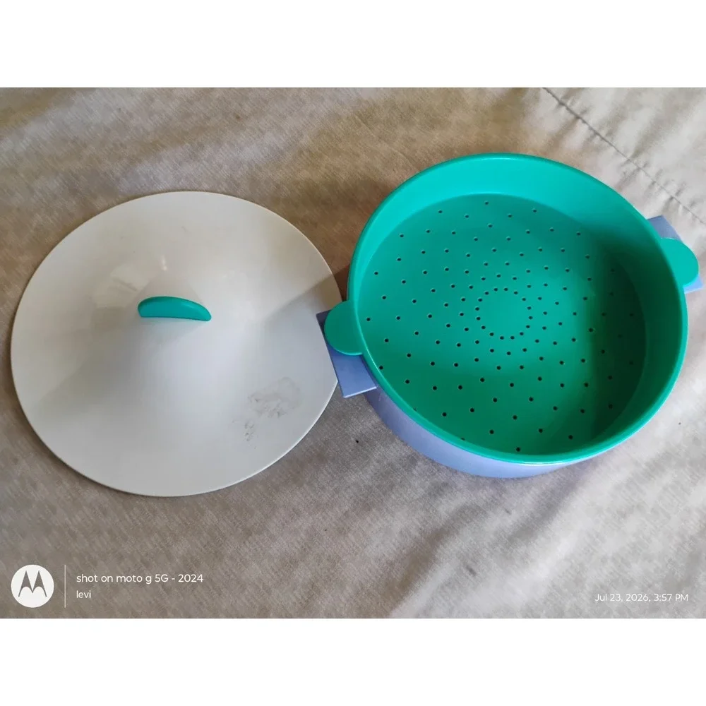 Tupperware Microwave Steamer 3-Piece Set 11in Blue White Green Plastic